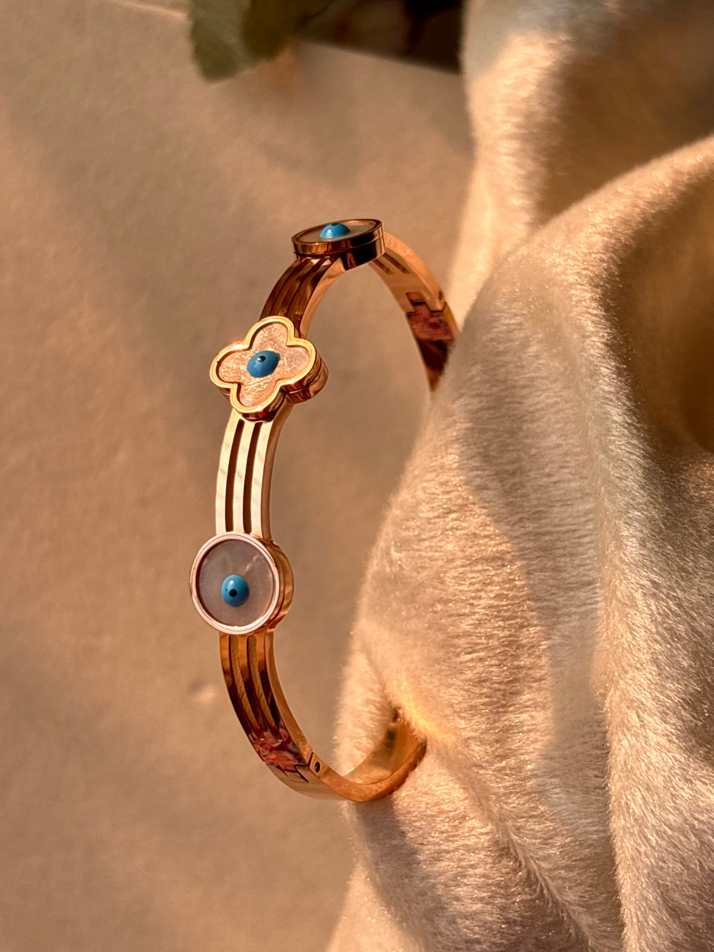 Clover Evil Eye Kada Bracelet Bangle - Rose Gold