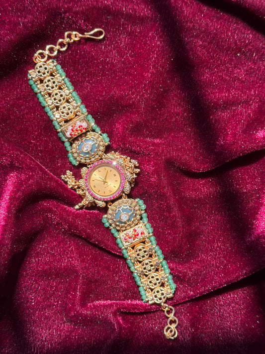 Pink Gold Dial Loaded Green Rajwadi Gold Plated Heritage Maharani Watch
