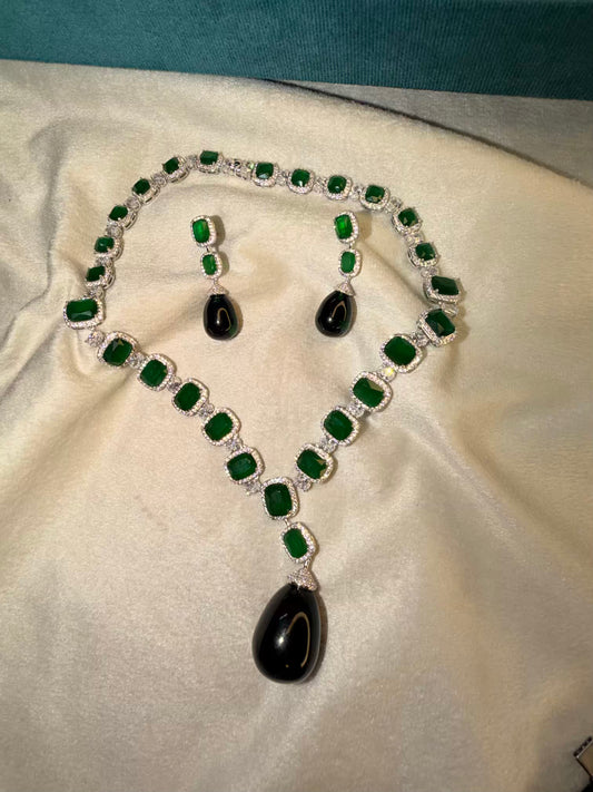 Nita Ambani Inspired Green Emerald 100 carats Replica Solitaire Rhodium Silver Necklace ( Open Delivery Available in Mumbai / Thane )( Prepaid / Partial COD )