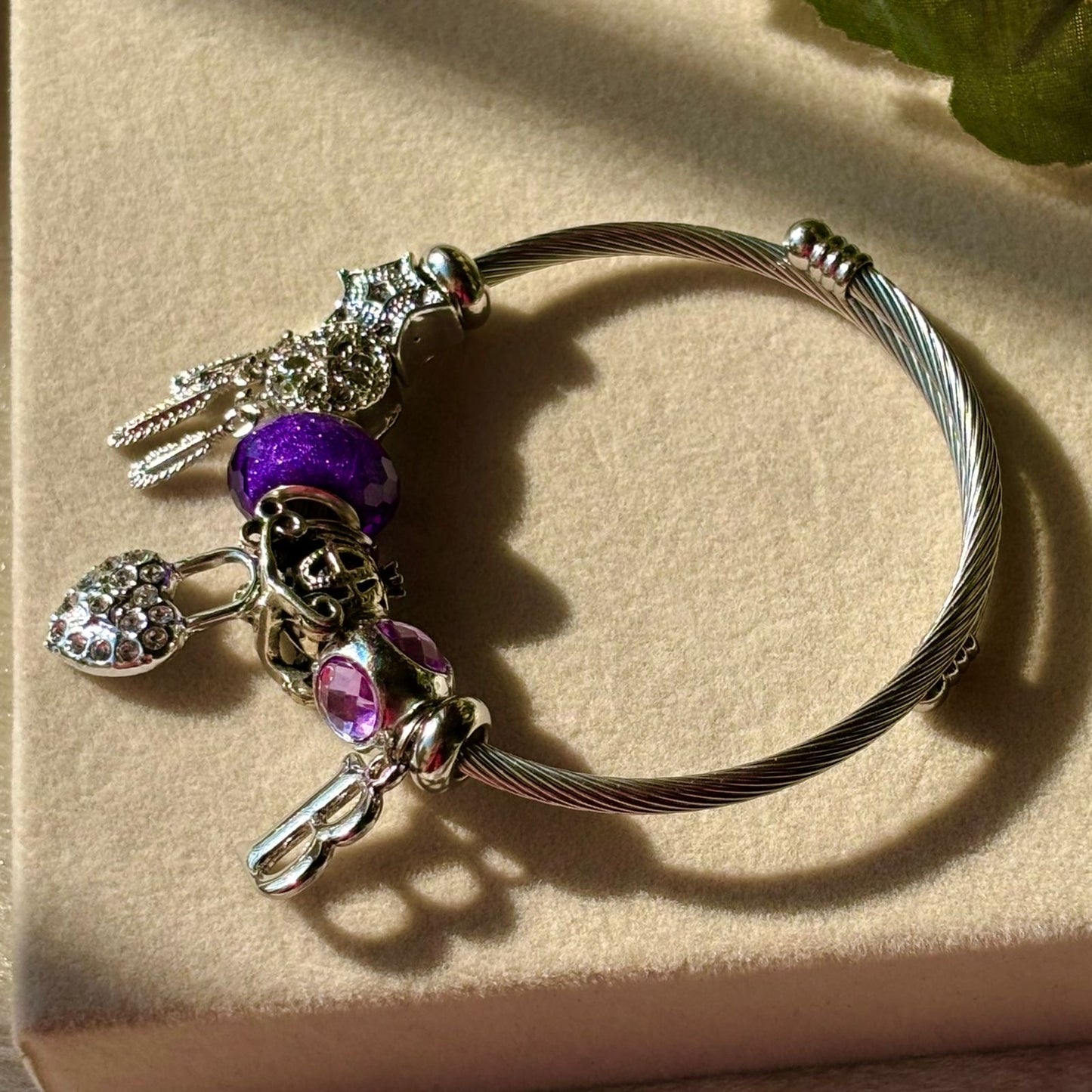 Pandora Style Purple Heart Dreamcatcher Charms Bracelet With Customised Initial ( Silver )