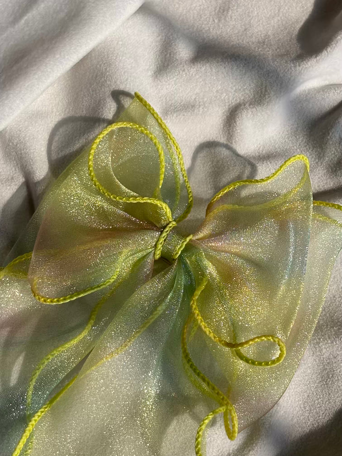 Lemon Yellow Rainbow Shade Layered Hair Bow Clip For Women -( Lace Textured )