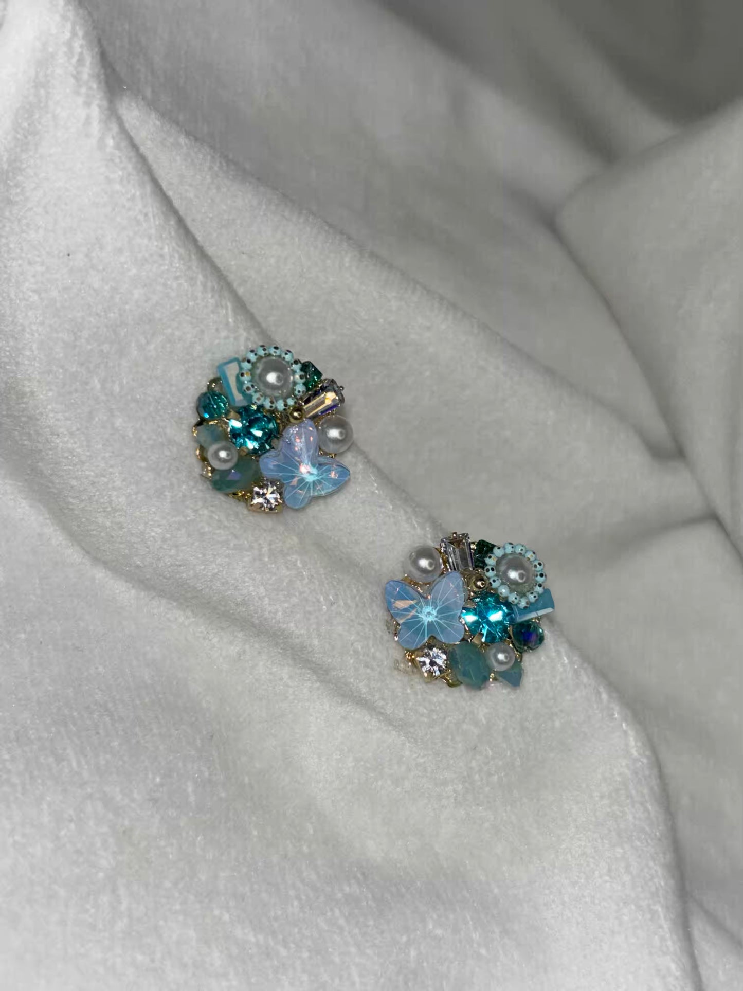 Blue Butterfly Small Pearly Earrings Studs - Gold Plated