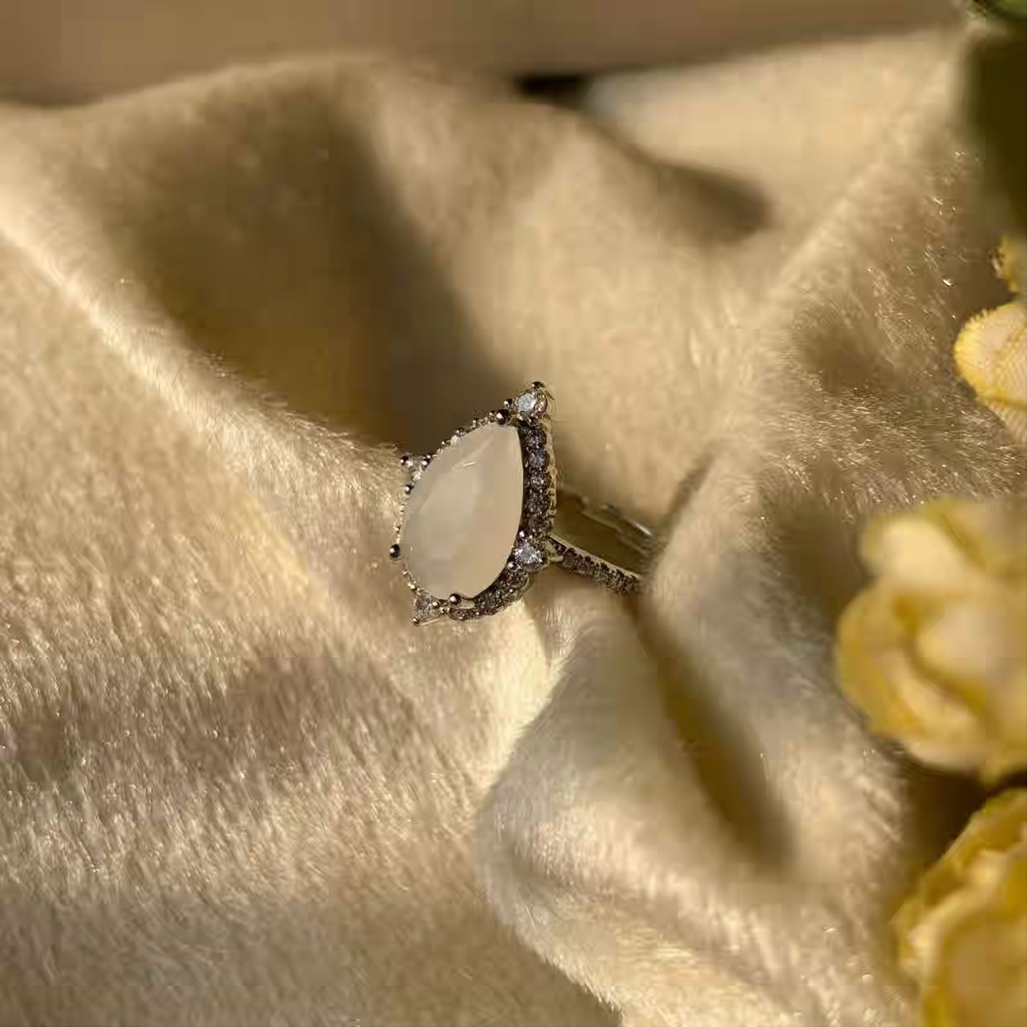 Drop Milky White Stone Solitaire Ring Adjustable