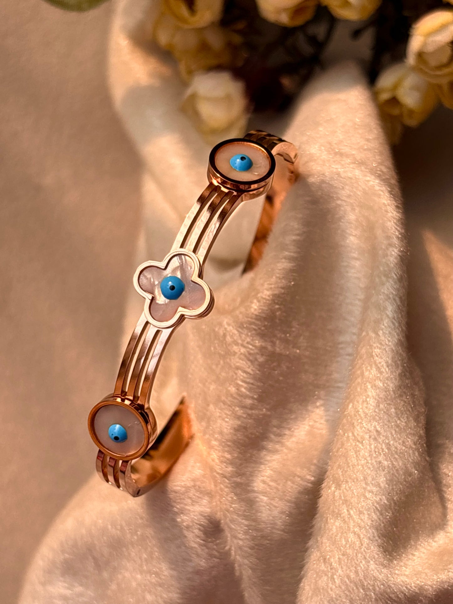 Clover Evil Eye Kada Bracelet Bangle - Rose Gold