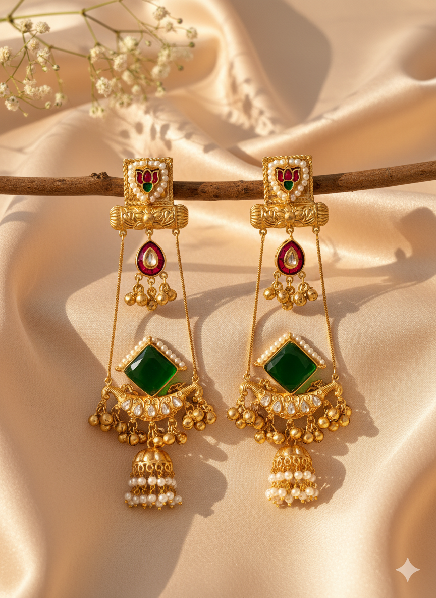 Kareena Emerald Green Style Kashmiri Brass of Premium Plated Ghungroo Earrings