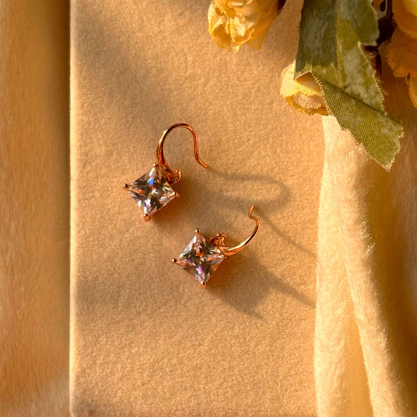 Square Solitaire Earrings - Rose Gold Plated