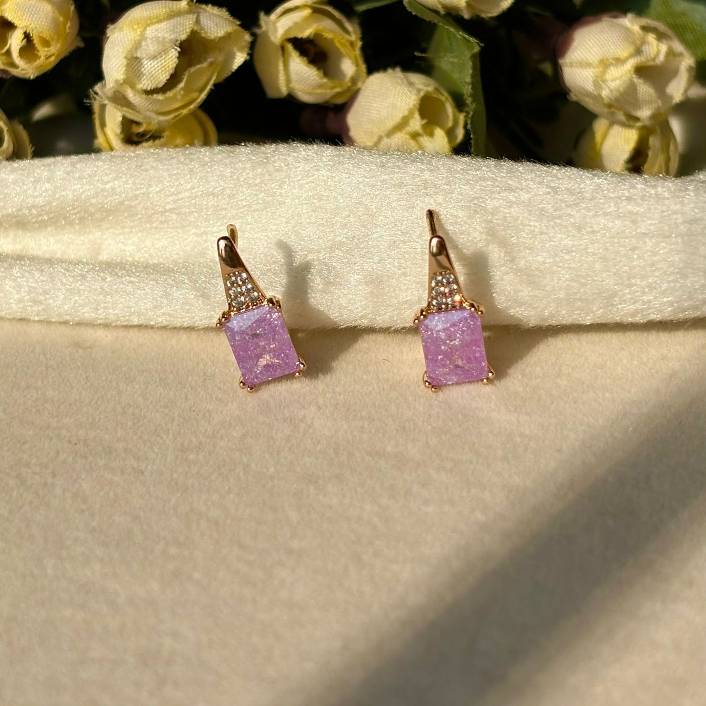 Lilac Purple Solitaire Bali Earrings - Gold Plated