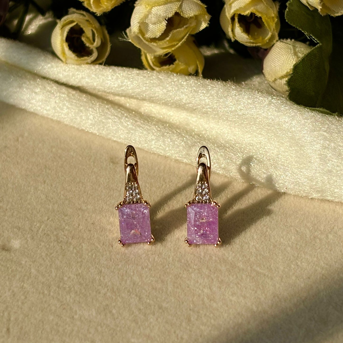 Lilac Purple Solitaire Bali Earrings - Gold Plated