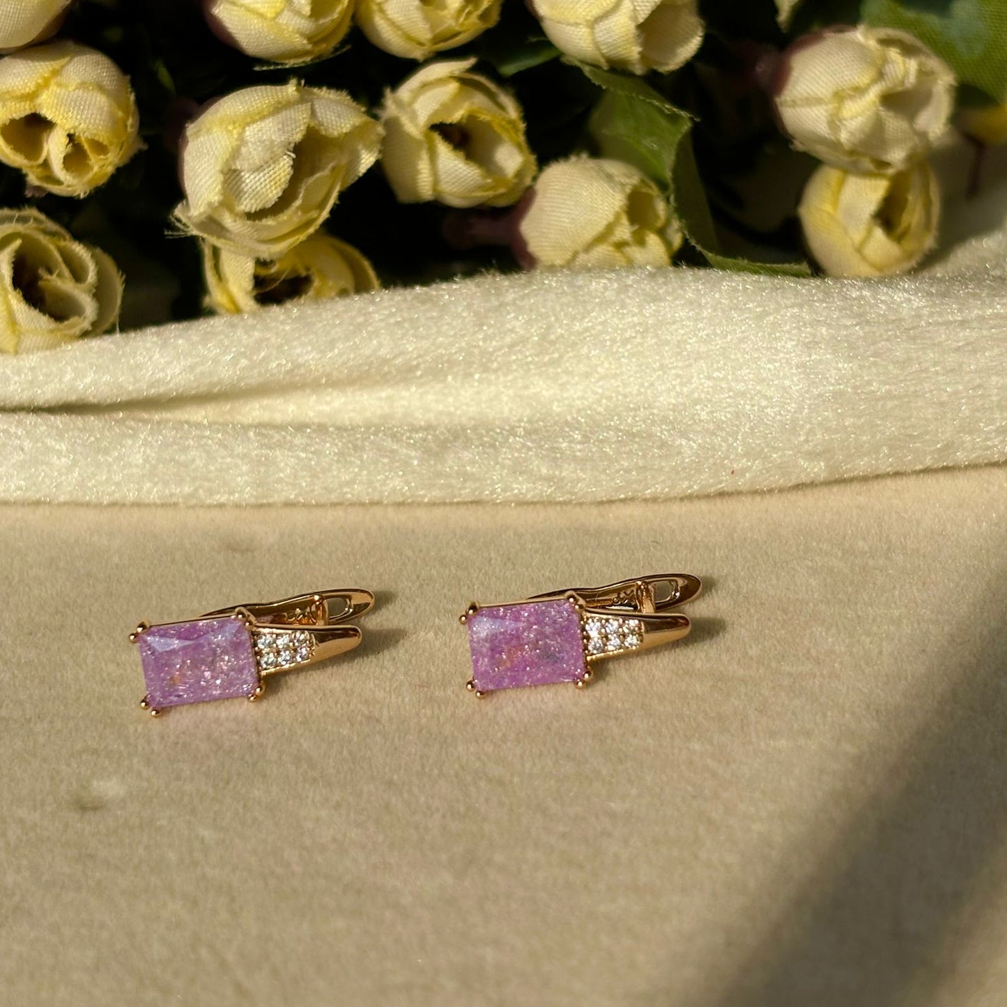 Lilac Purple Solitaire Bali Earrings - Gold Plated