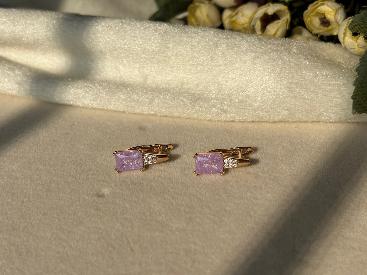 Lilac Purple Solitaire Bali Earrings - Gold Plated