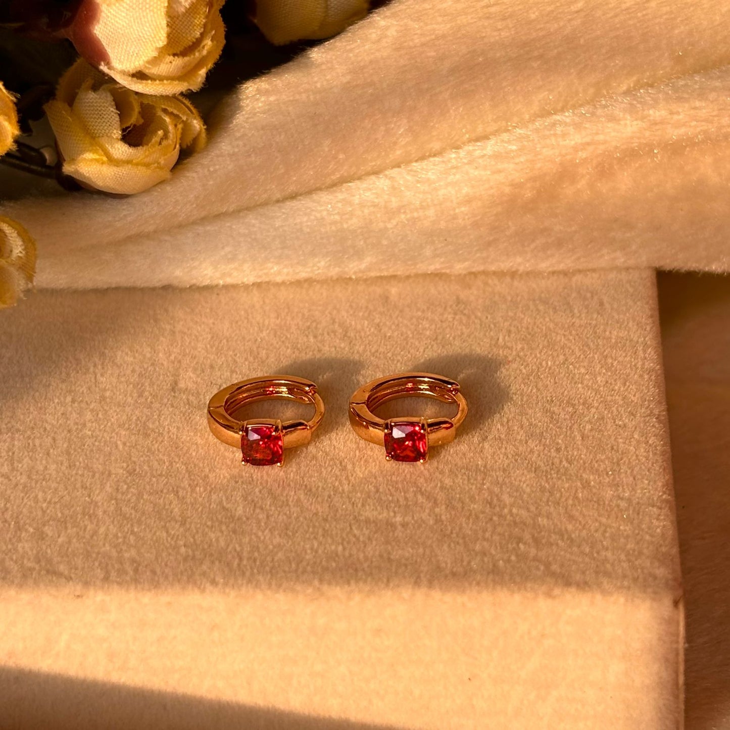 Red Solitaire Tiny Bali Earrings - Gold Plated