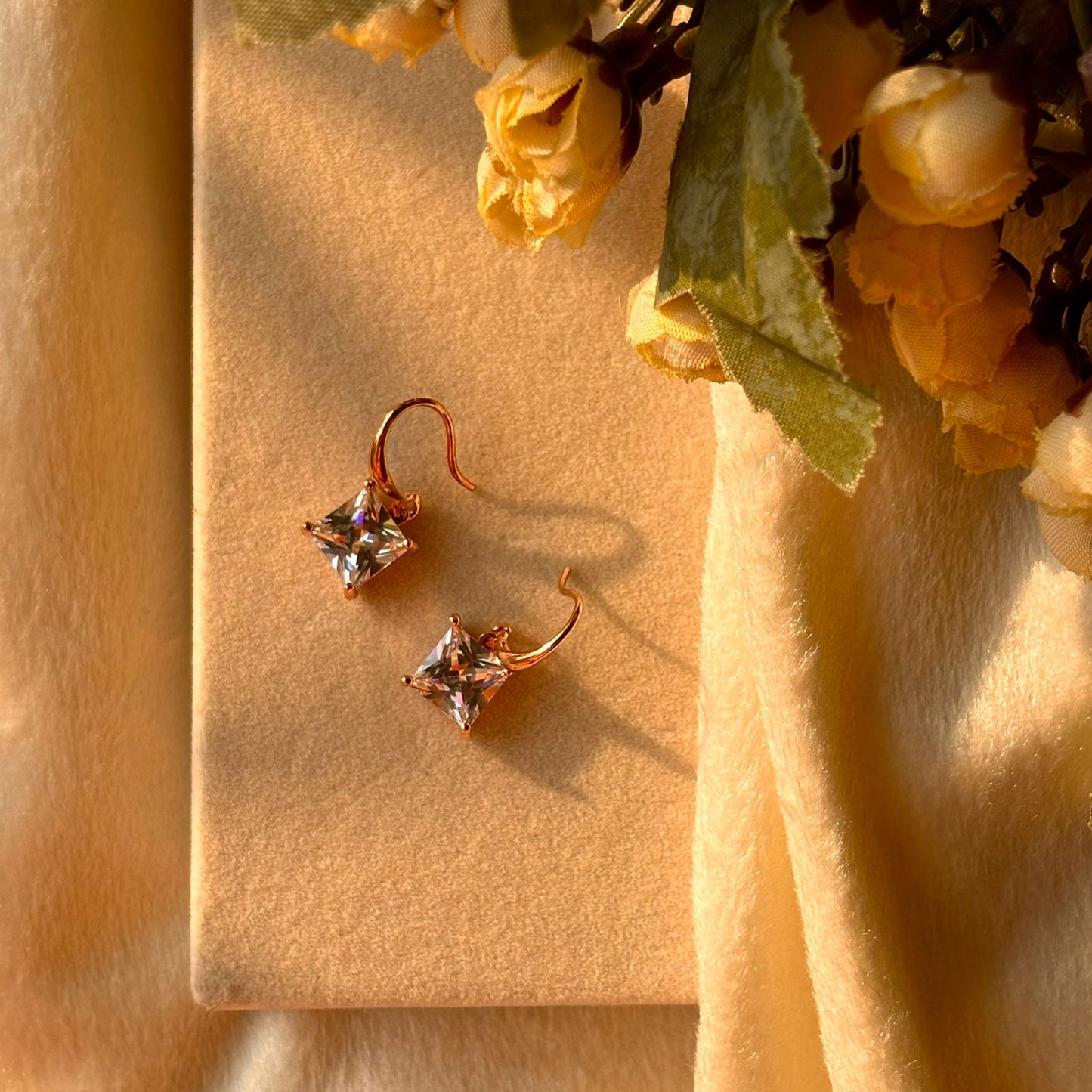 Square Solitaire Earrings - Rose Gold Plated