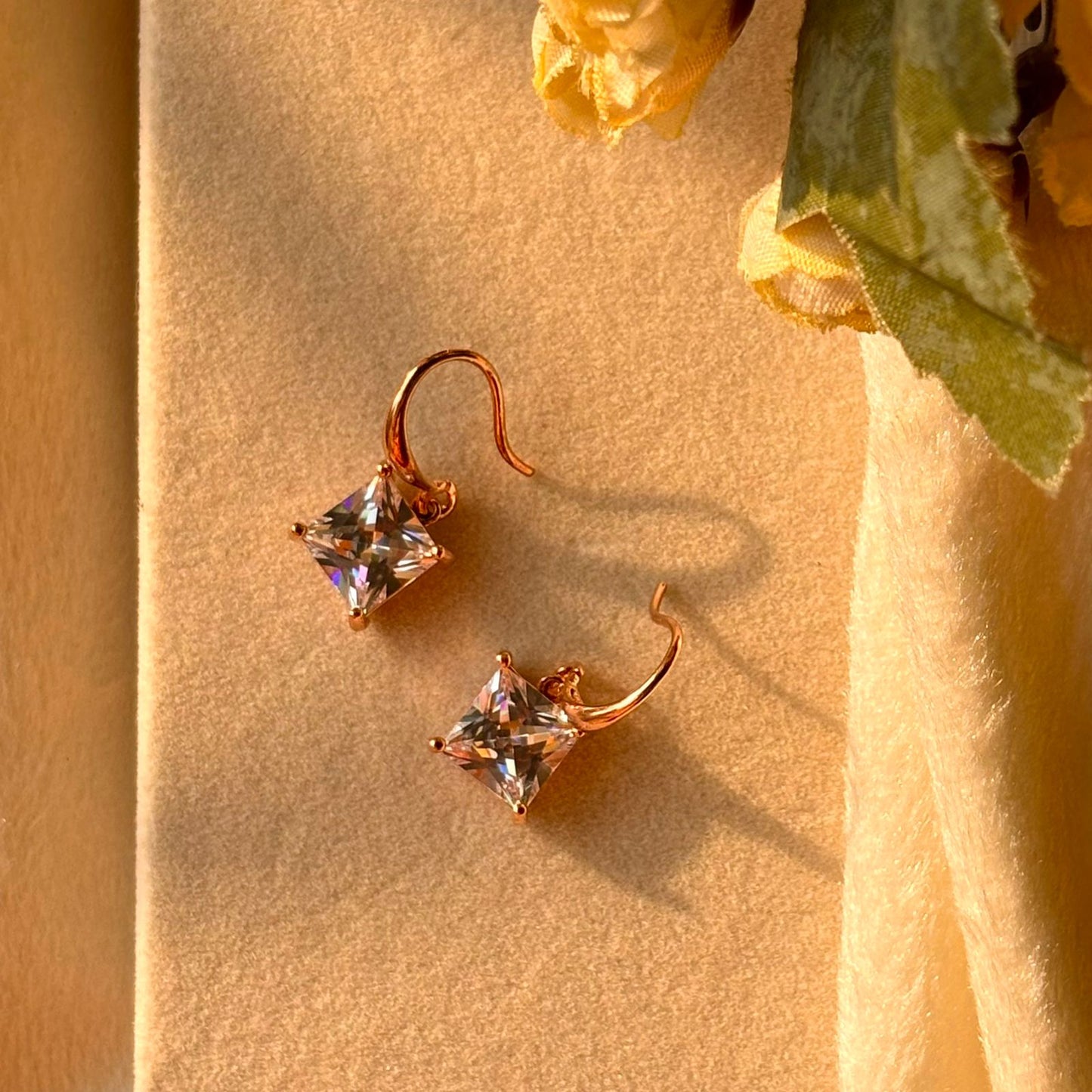 Square Solitaire Earrings - Rose Gold Plated
