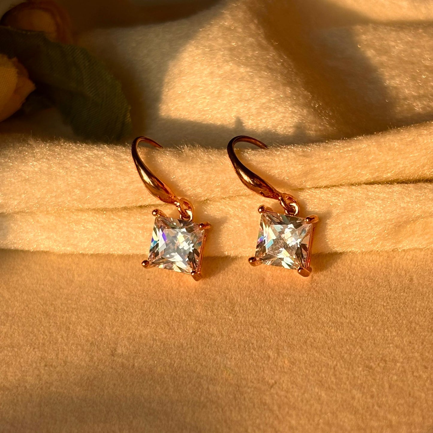 Square Solitaire Earrings - Rose Gold Plated
