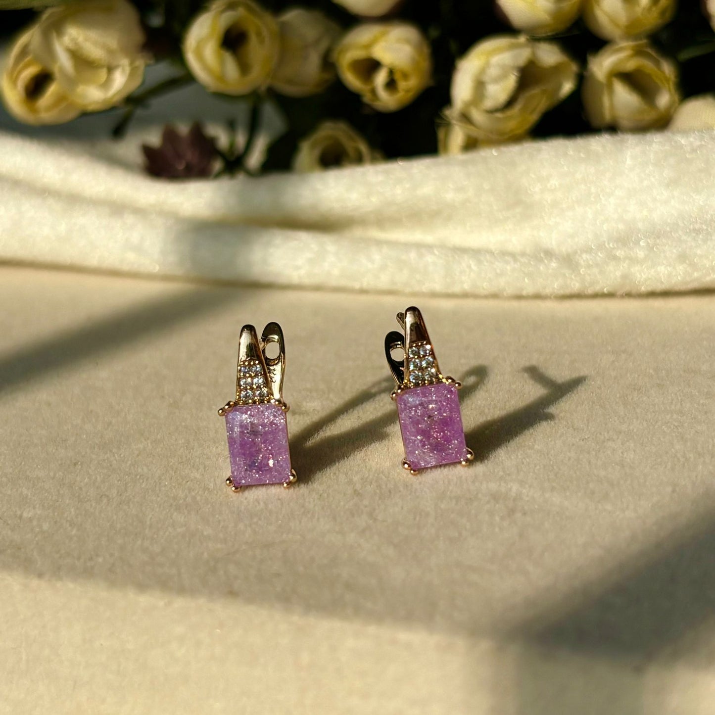 Lilac Purple Solitaire Bali Earrings - Gold Plated