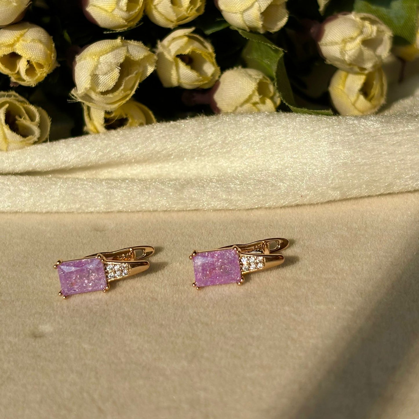 Lilac Purple Solitaire Bali Earrings - Gold Plated