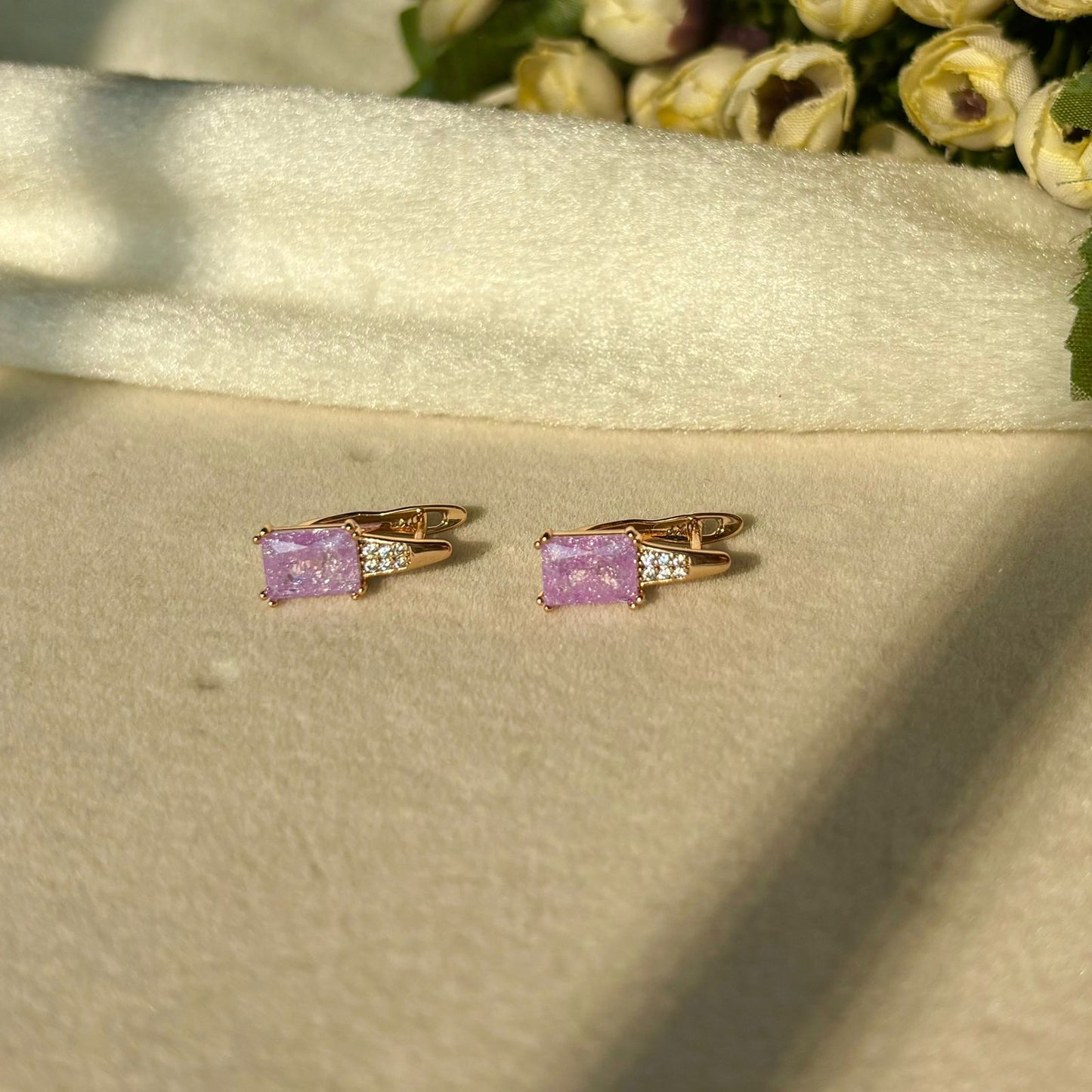 Lilac Purple Solitaire Bali Earrings - Gold Plated