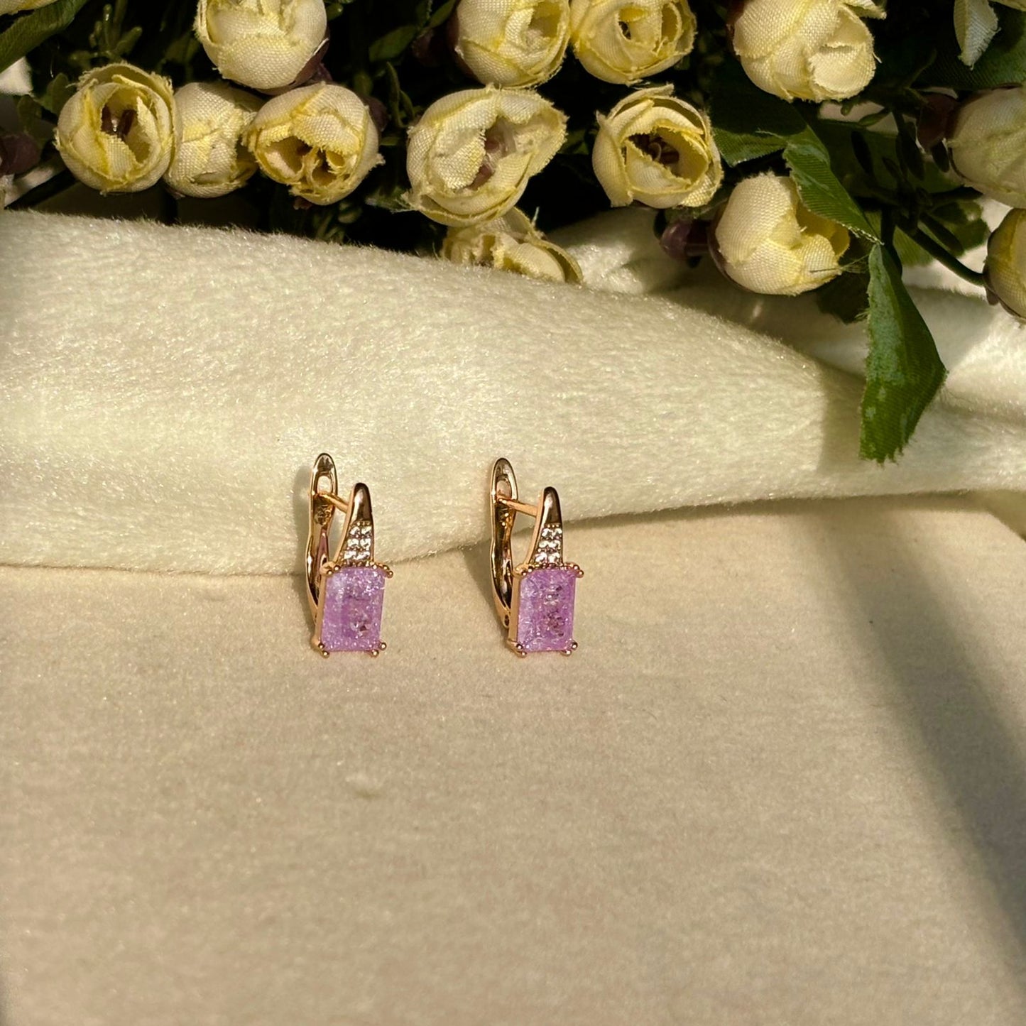 Lilac Purple Solitaire Bali Earrings - Gold Plated
