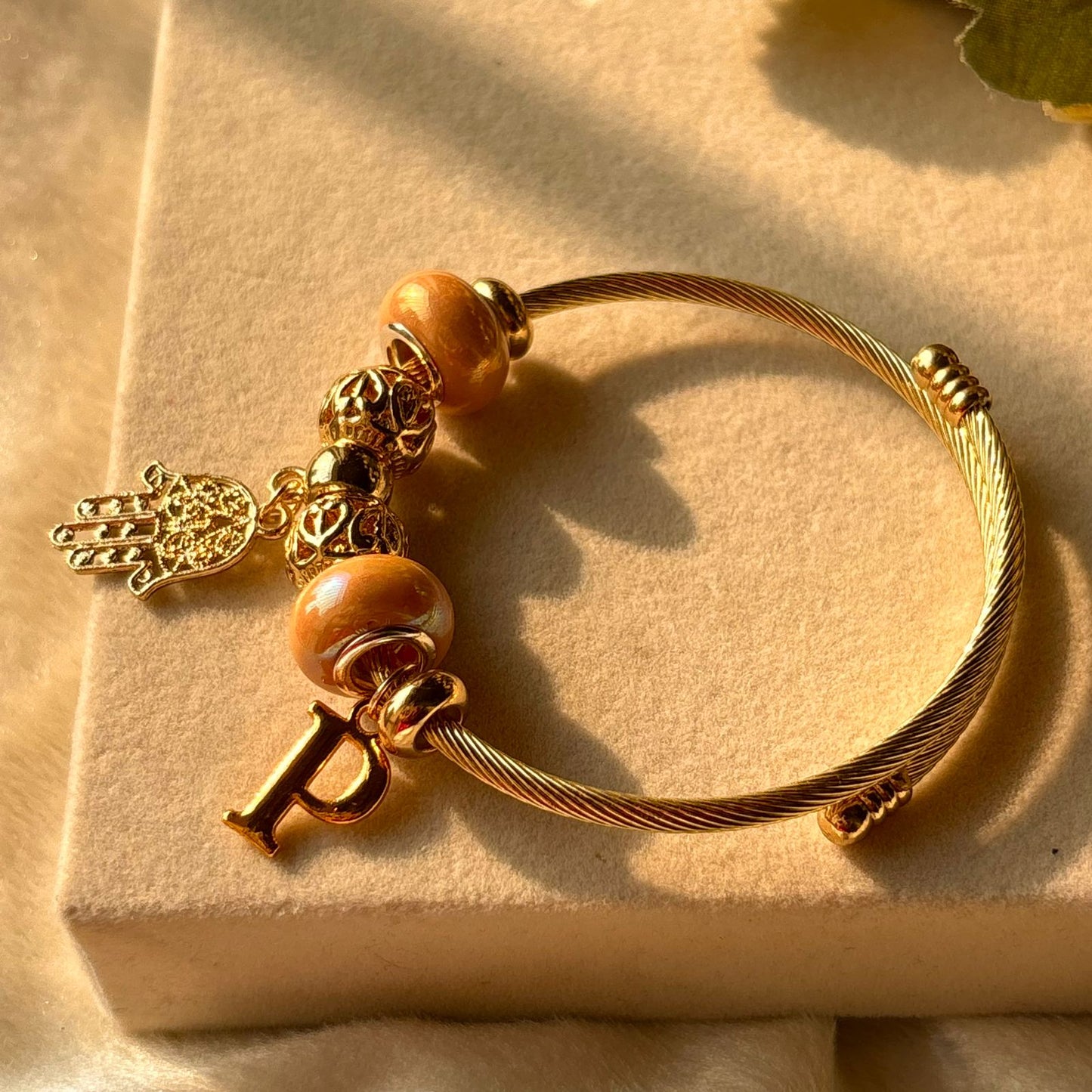 Pandora Hamsa Charms Orange Bracelet With Customised Initial (Gold)
