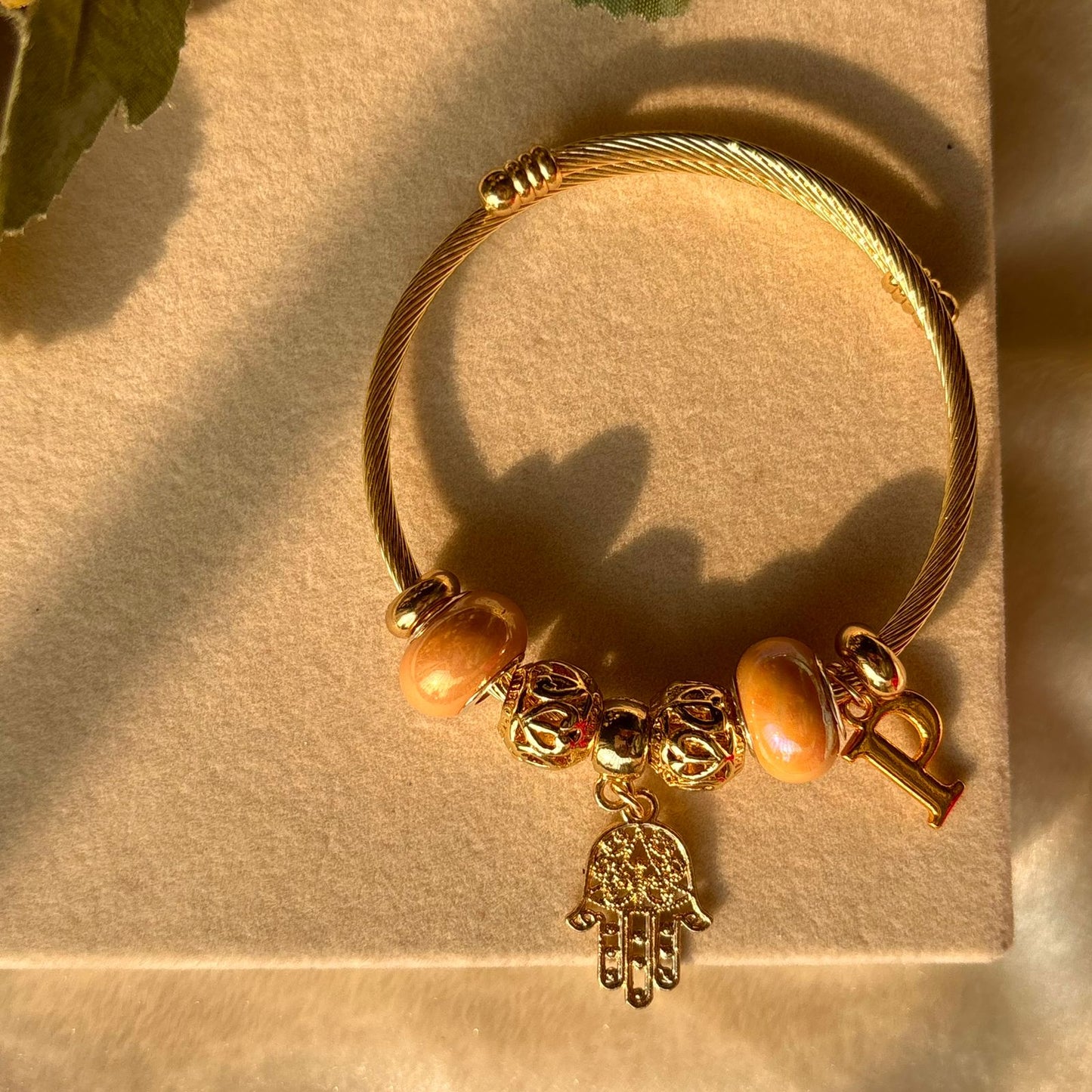 Pandora Hamsa Charms Orange Bracelet With Customised Initial (Gold)
