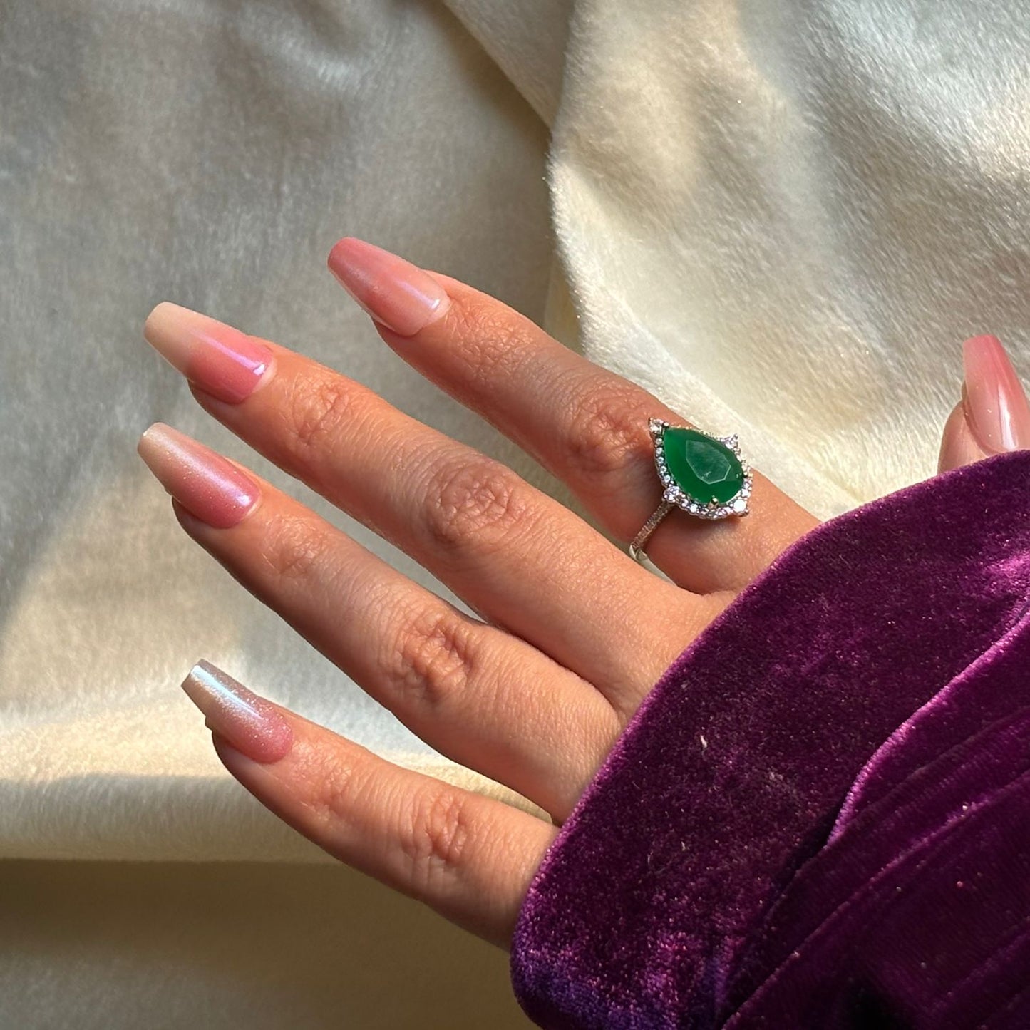 Drop Green Emerald Solitaire Ring ( Silver Adjustable )