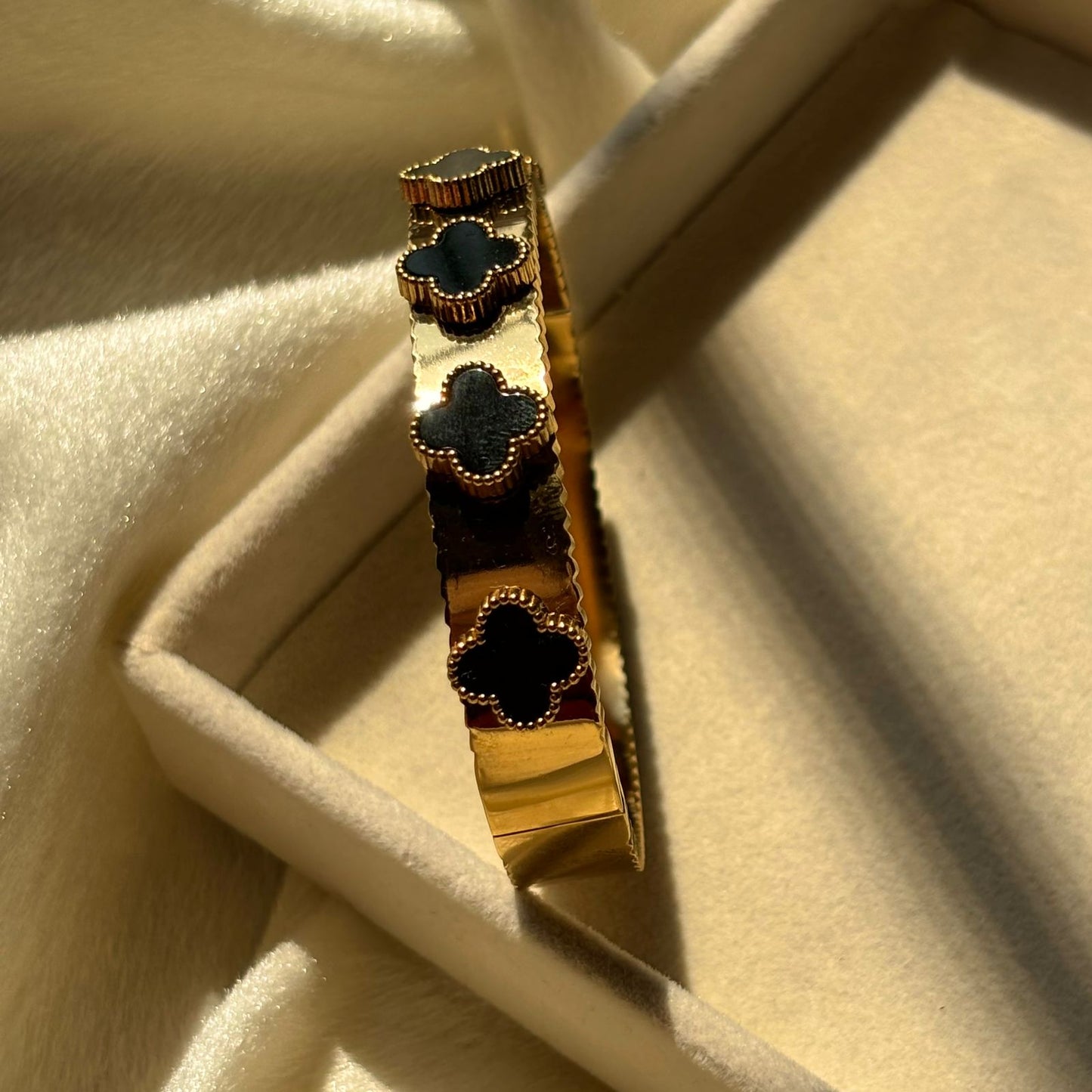 Black Flower Clover Kada Bracelet Bangle - Gold