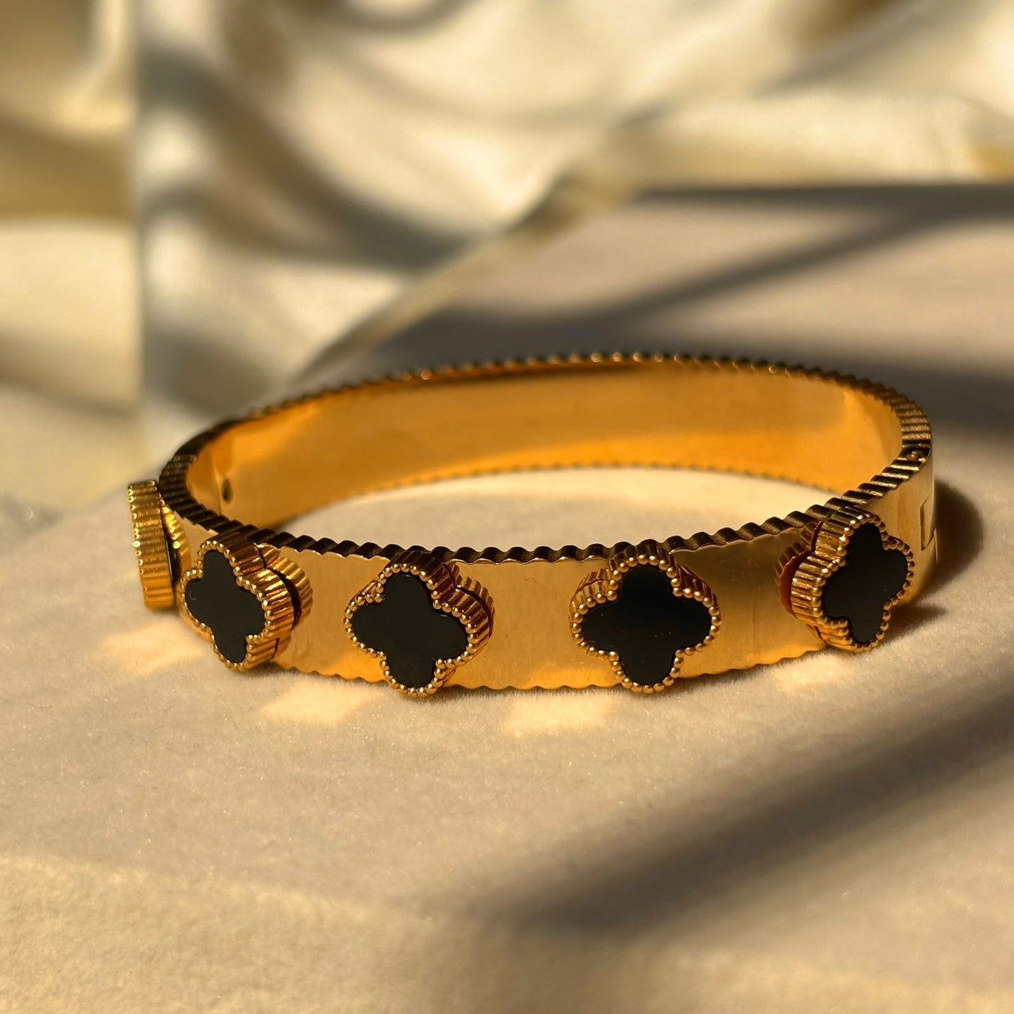 Black Flower Clover Kada Bracelet Bangle - Gold