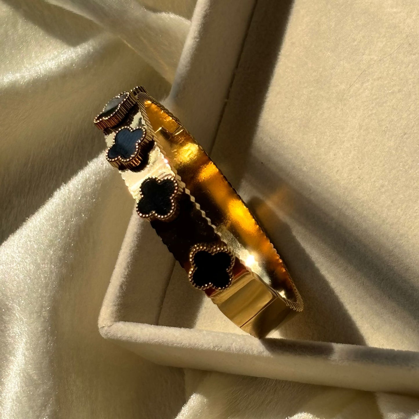 Black Flower Clover Kada Bracelet Bangle - Gold