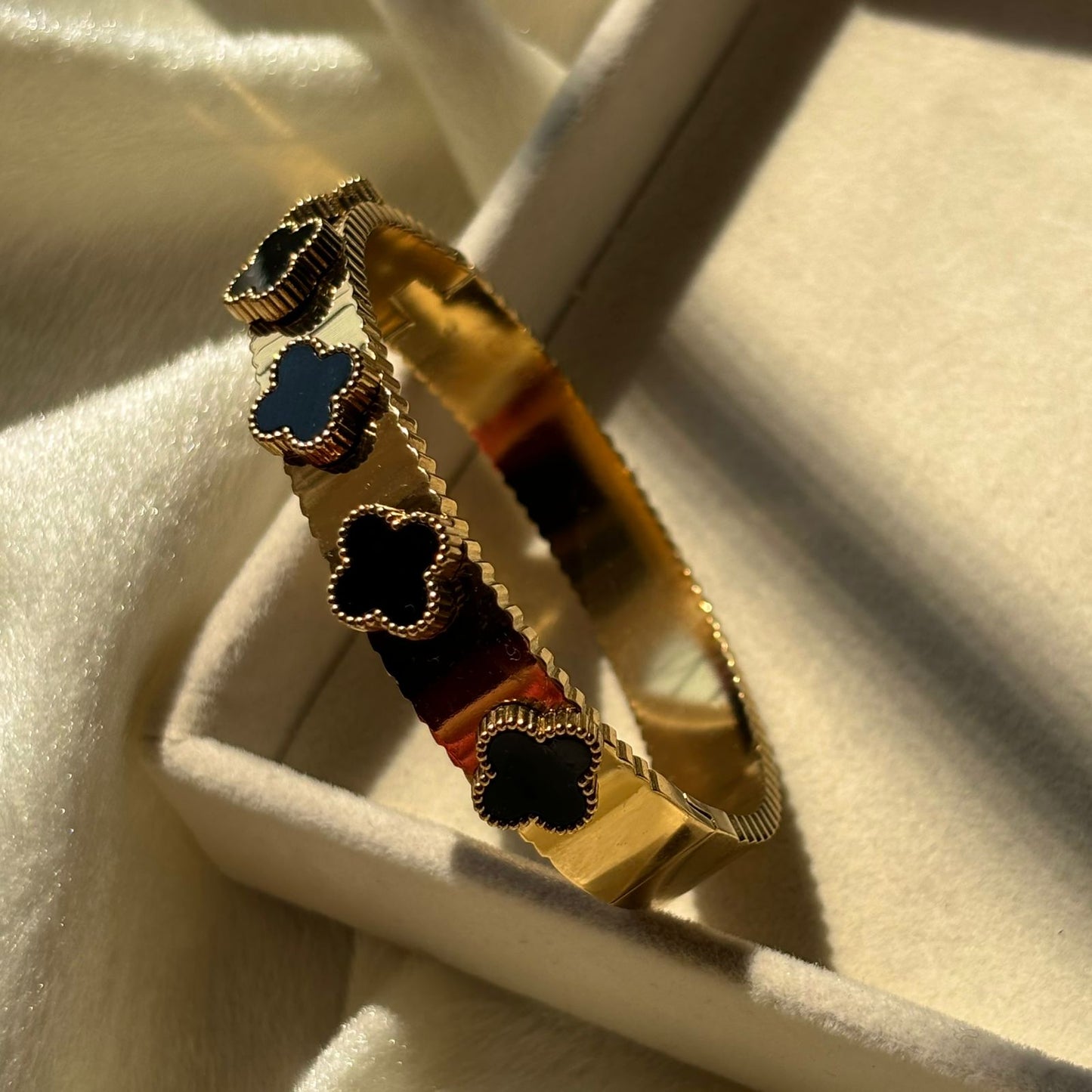 Black Flower Clover Kada Bracelet Bangle - Gold
