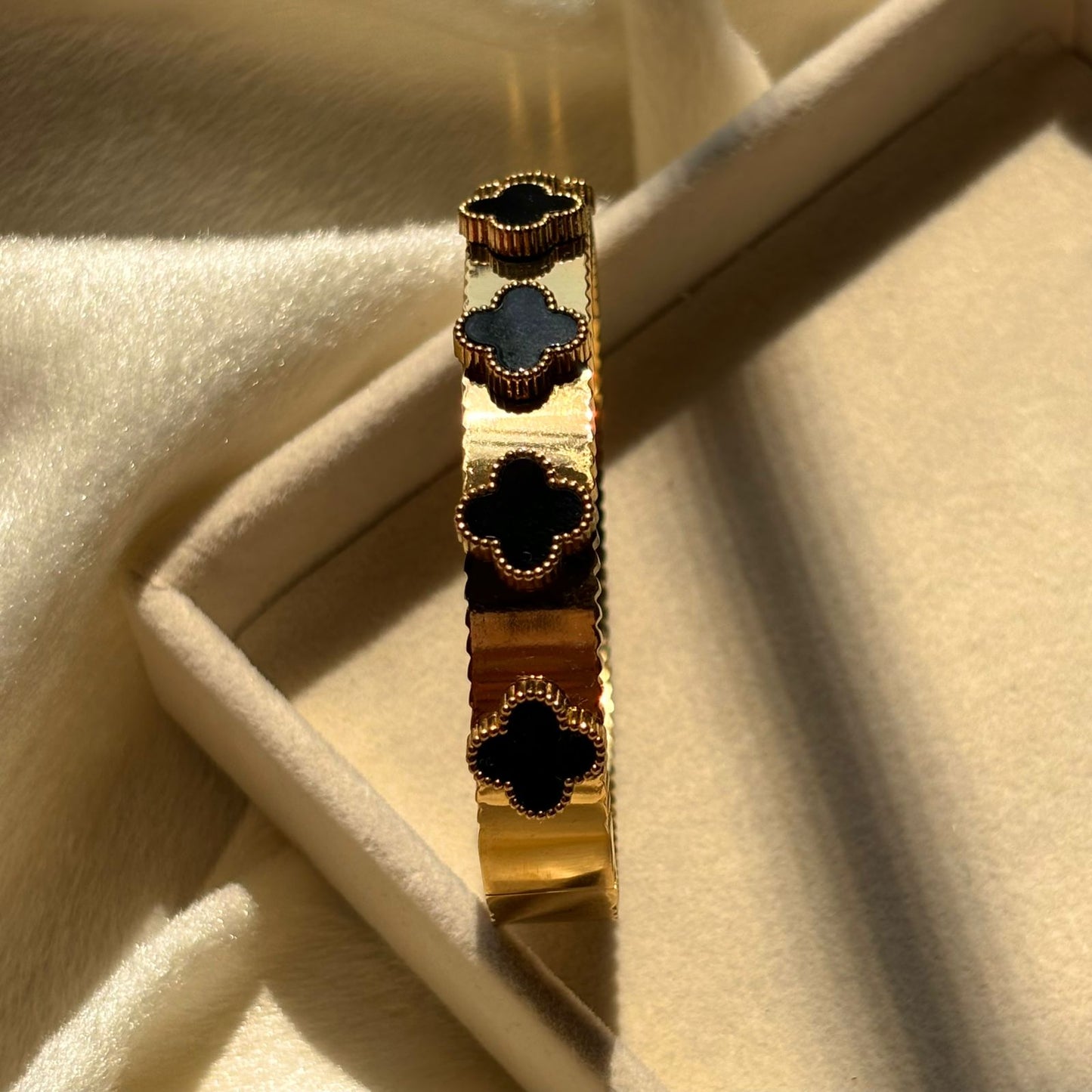 Black Flower Clover Kada Bracelet Bangle - Gold