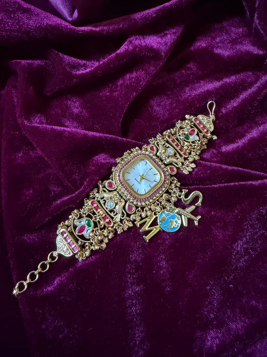 White Traveller Charm Dial Maharani Watch Bracelet – Gold & Ruby Pink ( LAUNCH DISCOUNT ends tonight )