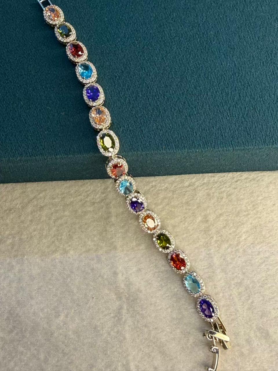Multicolored Oval Stones Gold Plated Tennis Bracelet