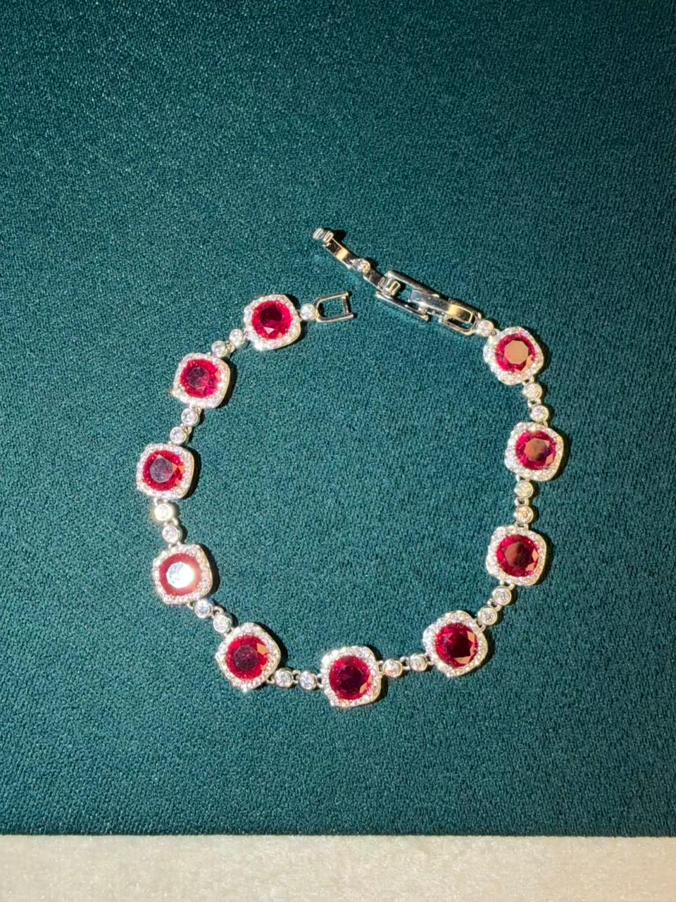 Red Square Stones Silver Plated Tennis Bracelet