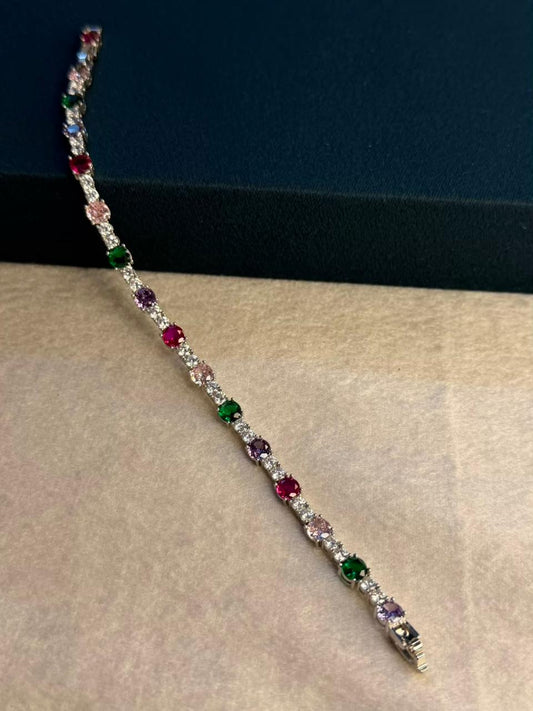 Multicolour Round Shape Silver Plated Tennis Bracelet