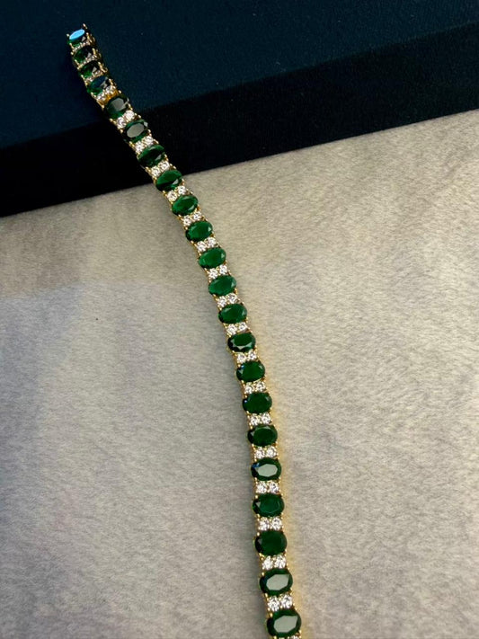 Emerald Green Oval Shape Gold Plated Tennis Bracelet