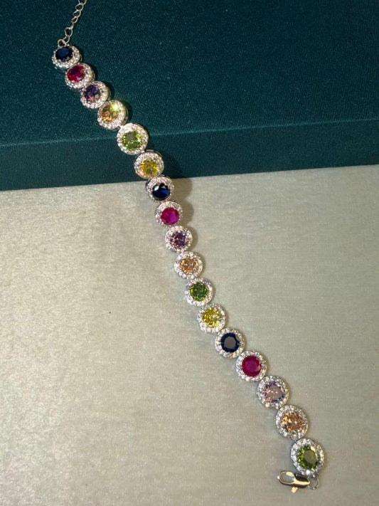 Multicolour Round Shape Silver Plated Tennis Bracelet