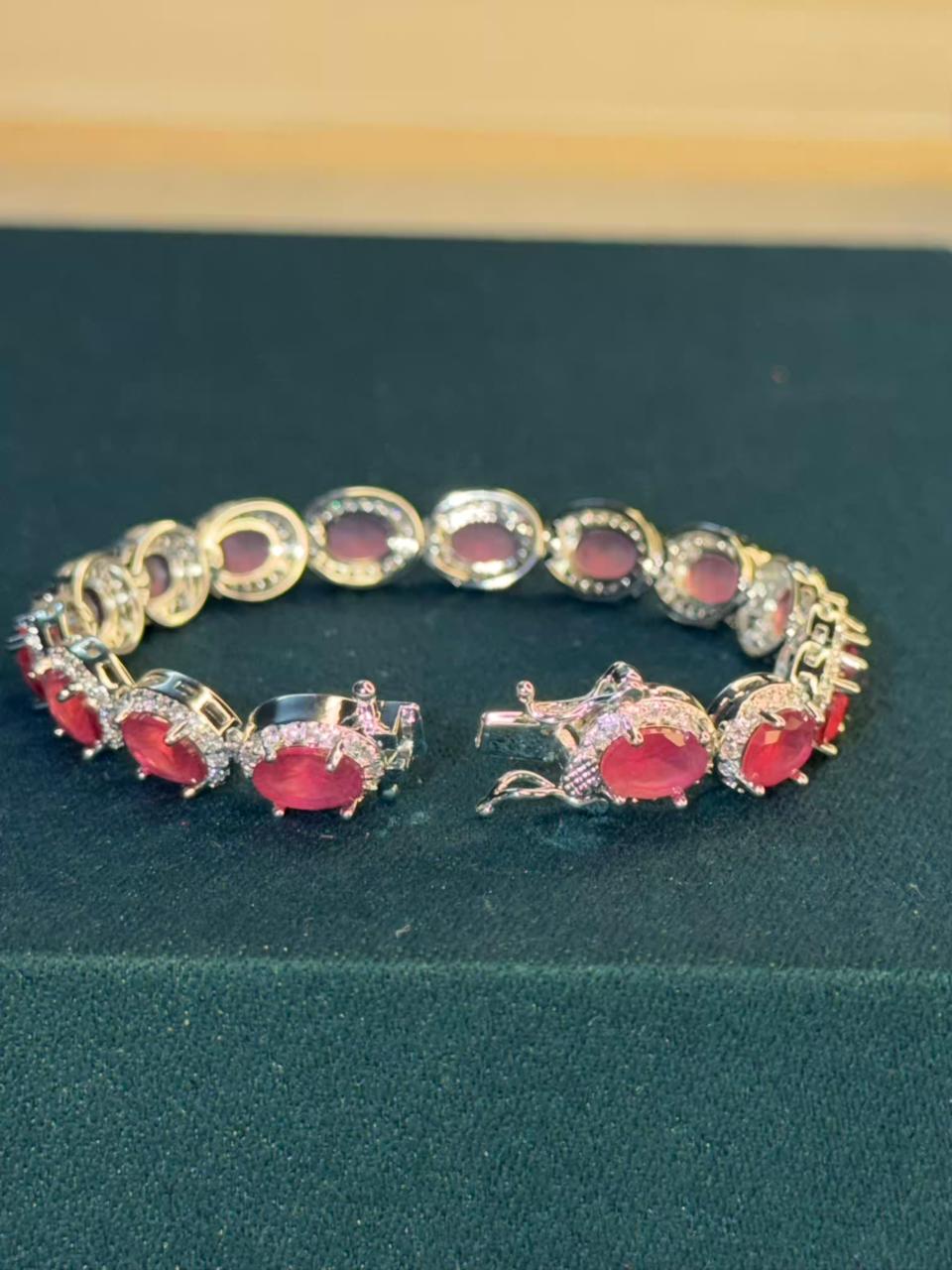 Ruby Red Oval Shape Silver Plated Tennis Bracelet