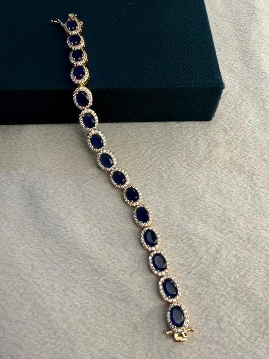 Blue Oval Shape Gold Plated Tennis Bracelet