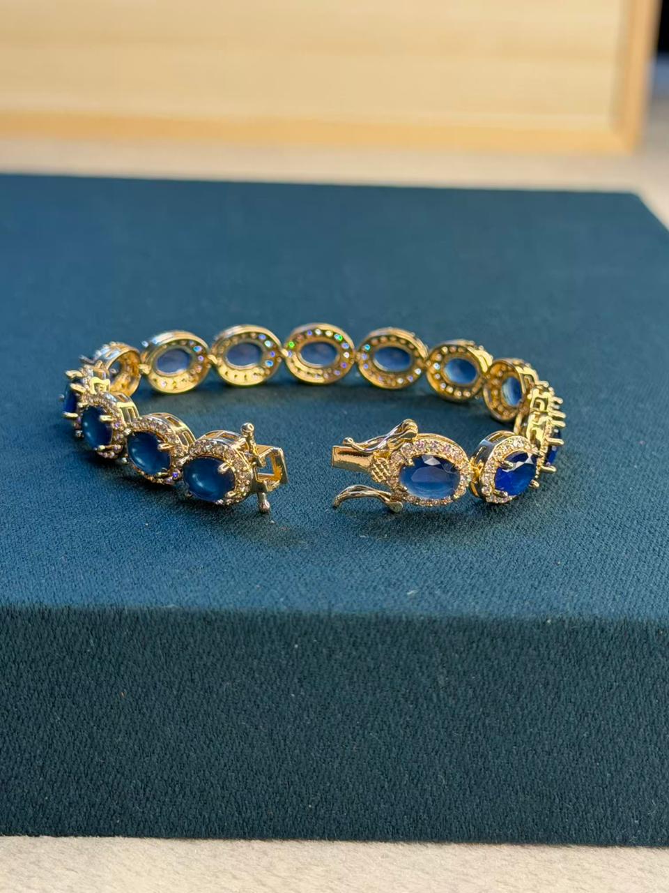 Blue Oval Shape Gold Plated Tennis Bracelet