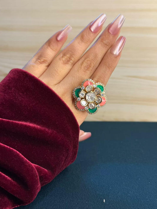 Cocktail Green and Pink Flower Shape Ring Adjustable