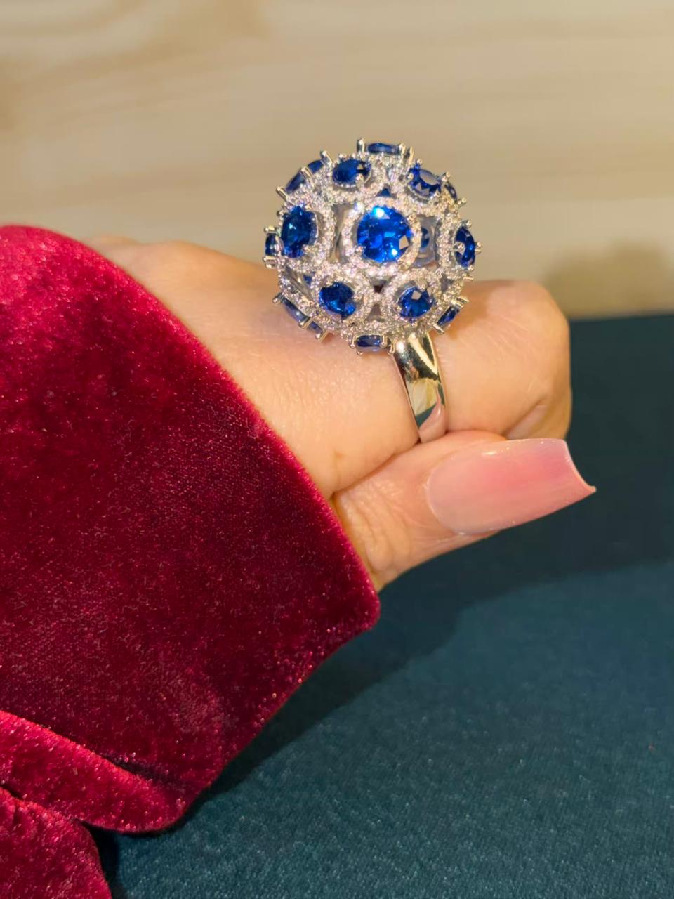 Blue Sapphire Rhodium Silver Plated Ball Adjustable Ring