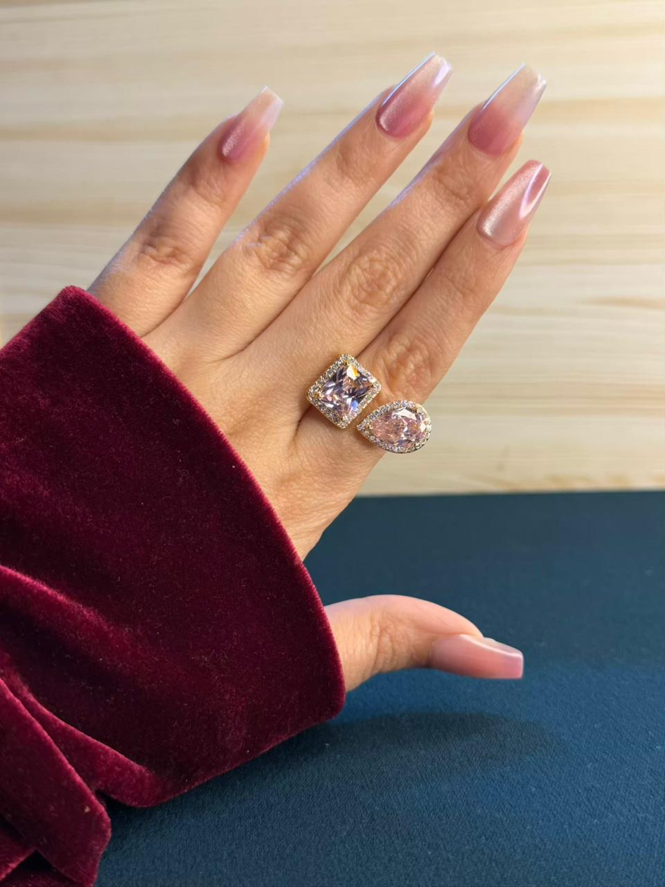 Blush Pink Drop Square Gold Adjustable Ring