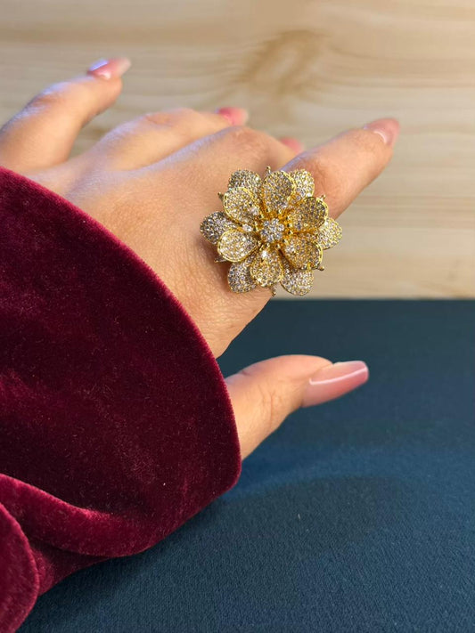Golden Bloom Floral Loaded Diamonds Cocktail Statement Ring Adjustable Gold