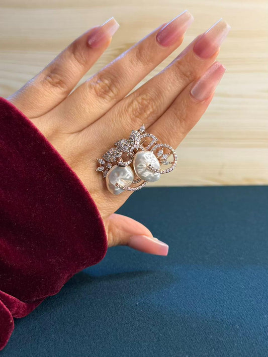 Baroque Natural Pearly Rose Gold Plated Statement Cocktail Ring Adjustable