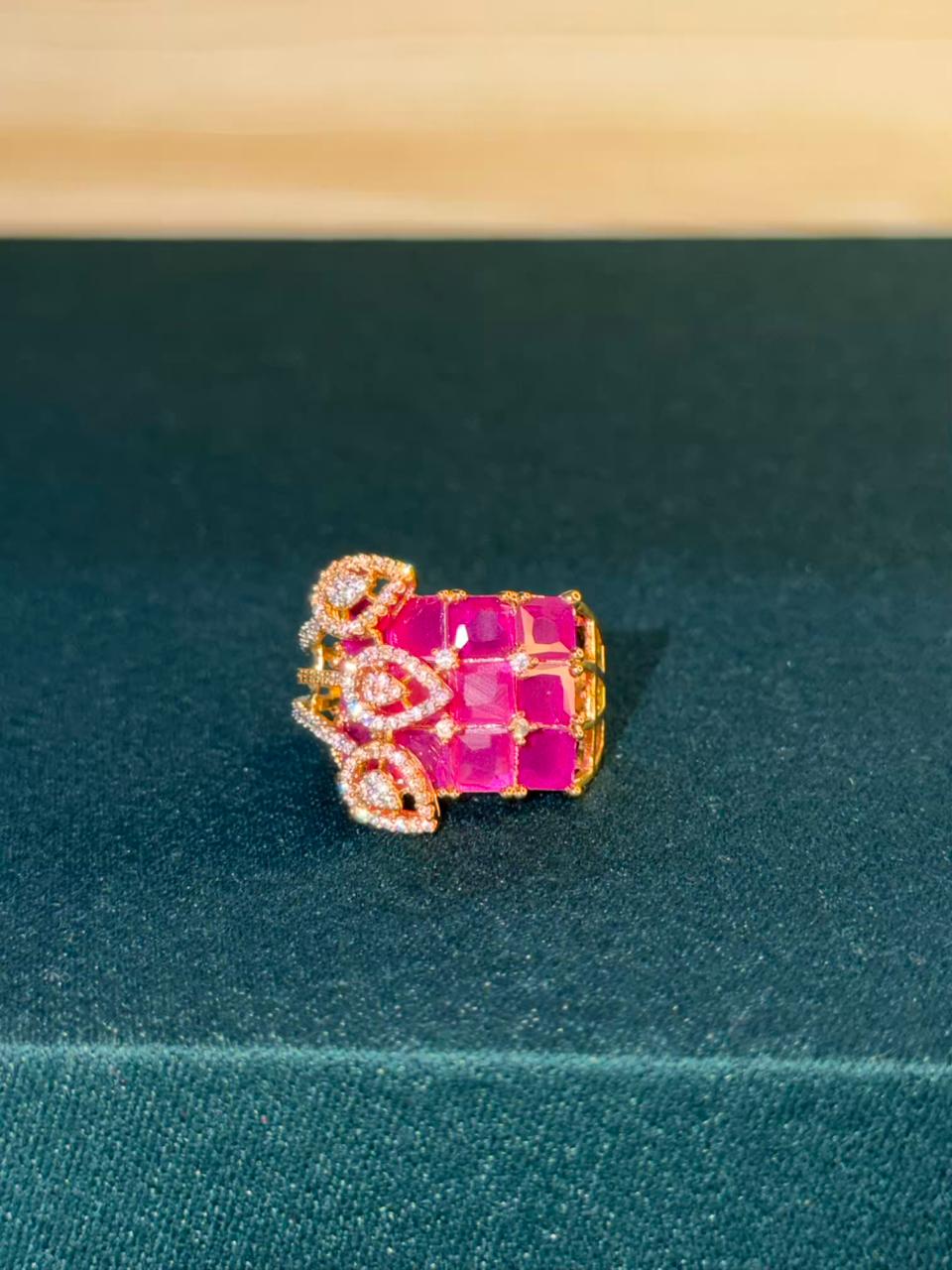 Pink Ruby Deep Fuschia Geometric Leaves Gold Statement Cocktail Party Ring Adjustable