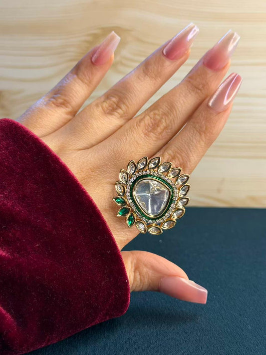 Uncut Polki Emerald Look Moissanite Ring Adjustable