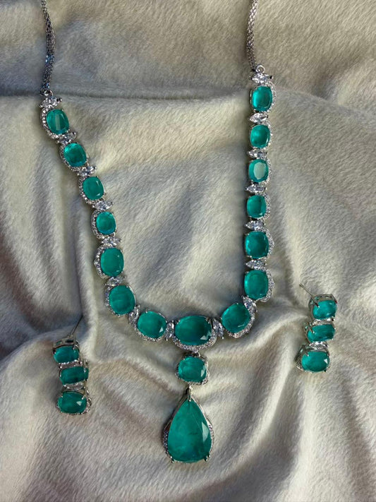 Ocean Green Luxury Studded Necklace and Studs Sets in Rhodium Silver Plating