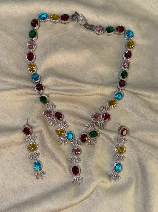 Premium Multicoloured Doublet Stone Luxury Necklace Set in 18k Thick Silver Plating