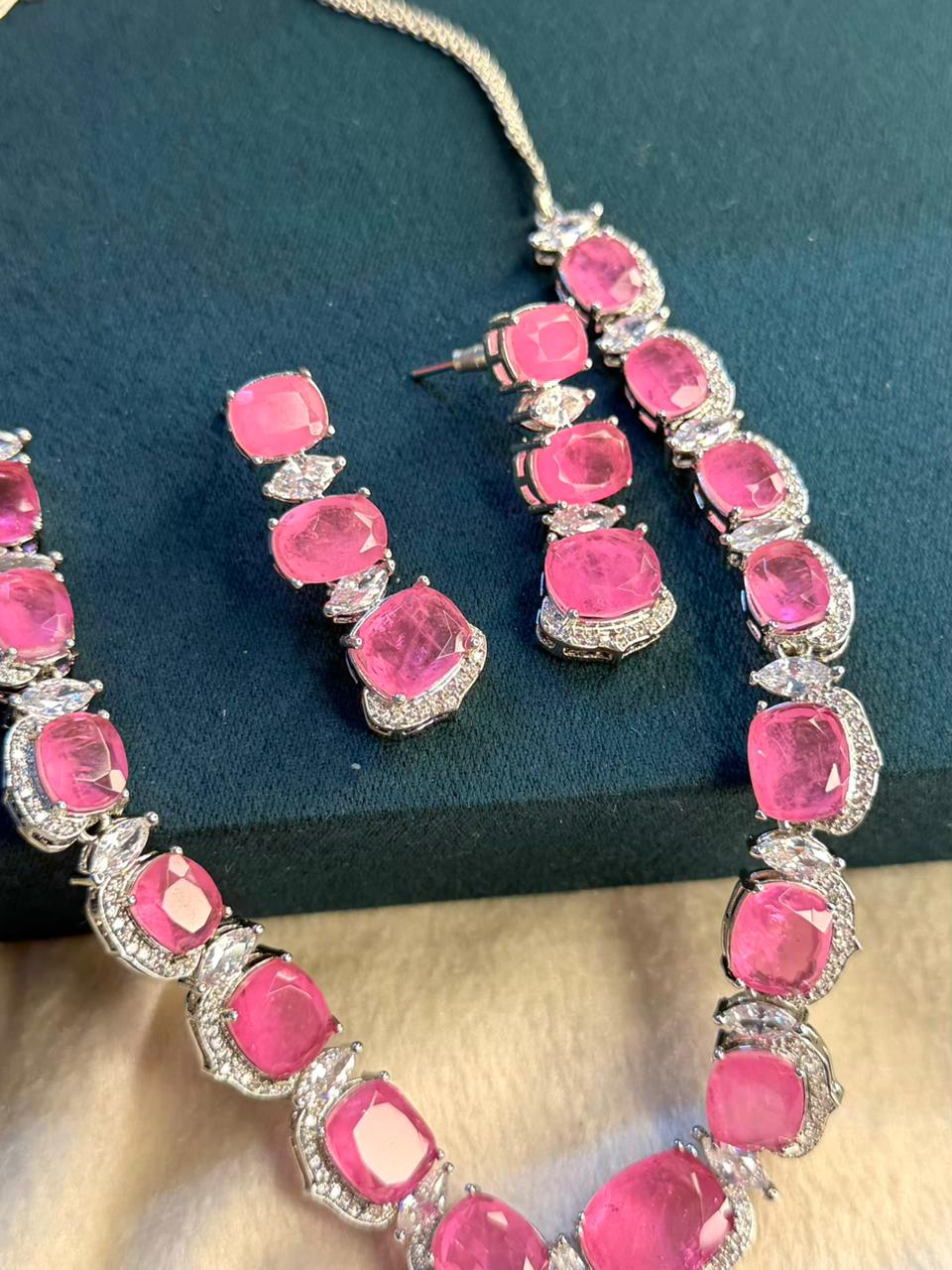 Rose Pink Premium Doublet Stone Diamond Necklace Set