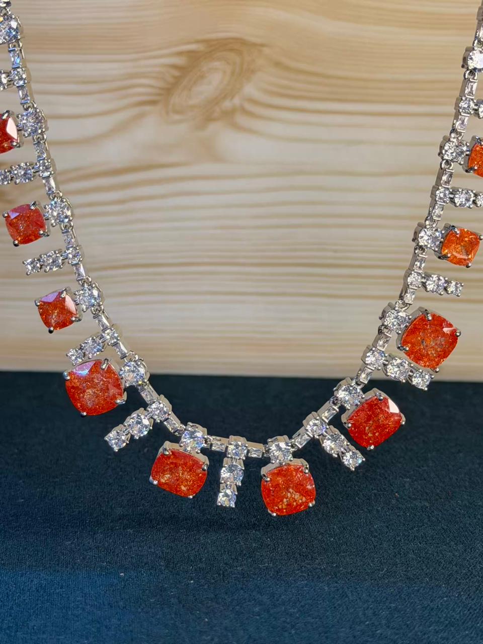 Fierce Orange Milky Stone Rhodium Silver Necklace Set with Earrings